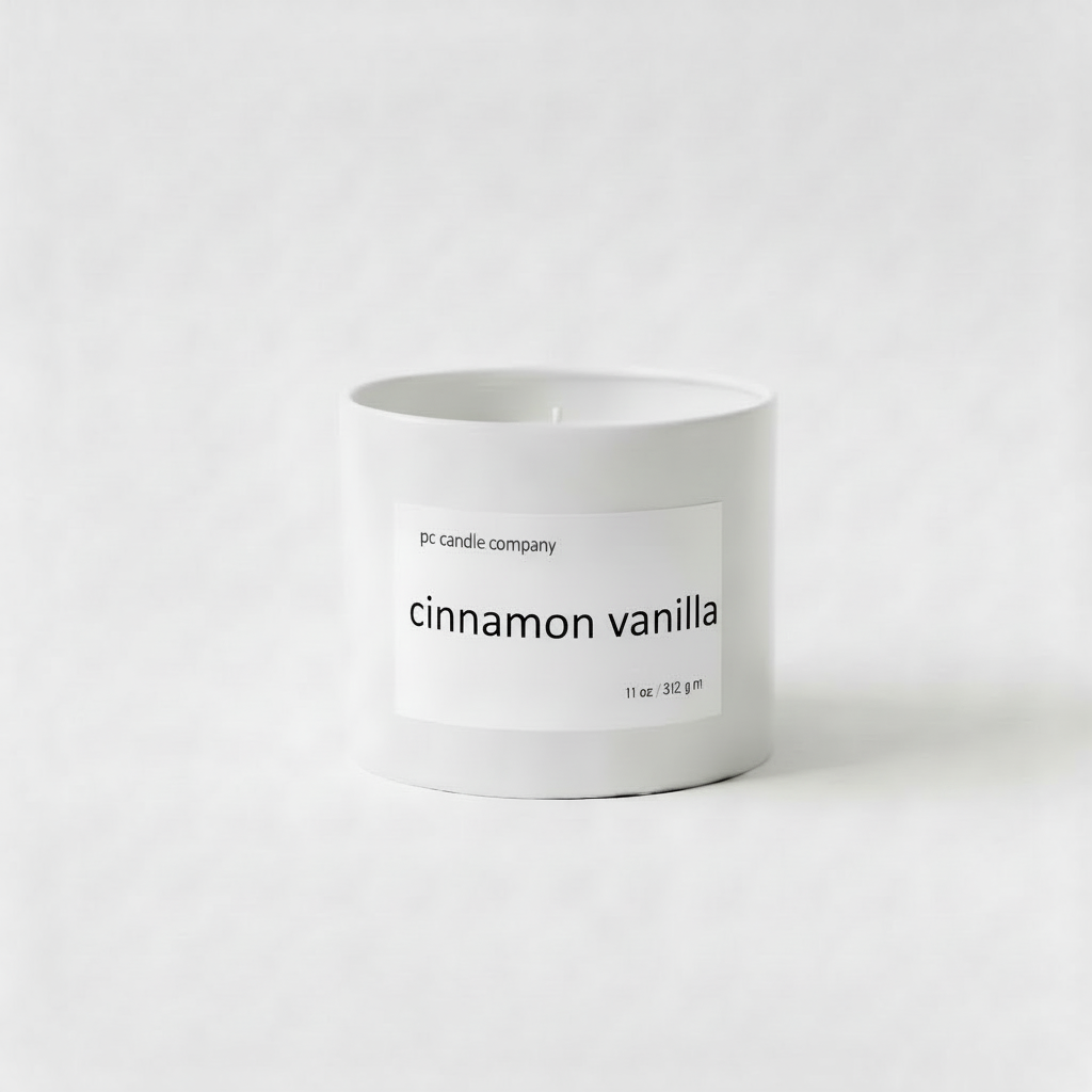 White candle tin with cinnamon vanilla label