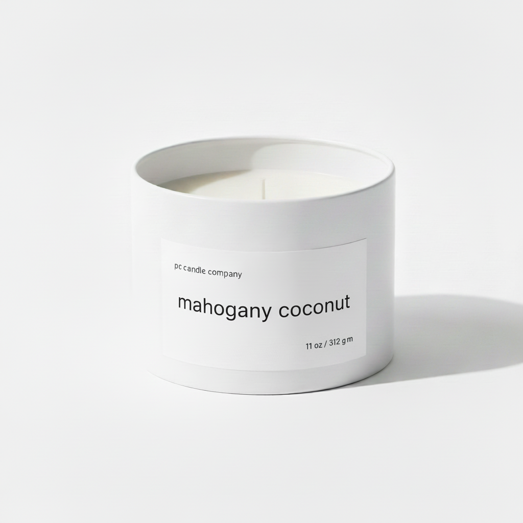 White candle tin with mahogany coconut label