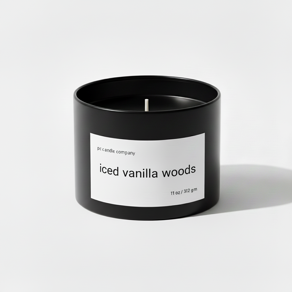 Black candle tin with iced vanilla woods label