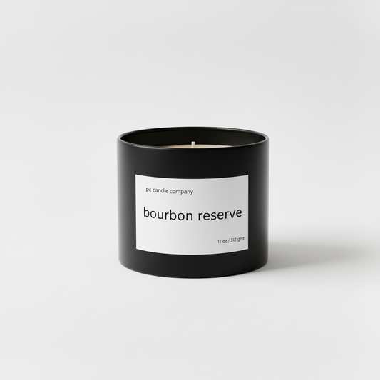 Black candle tin with bourbon reserve label