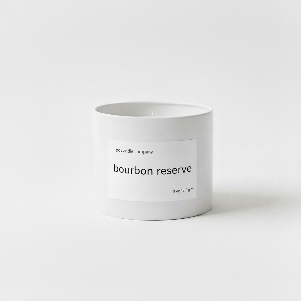 White candle tin with bourbon reserve label