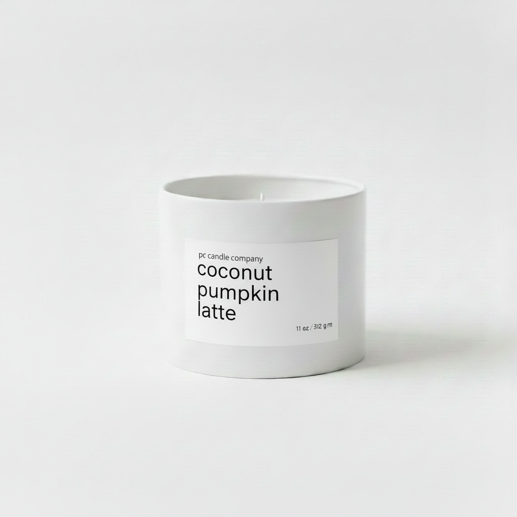 White candle tin with coconut pumpkin latte label