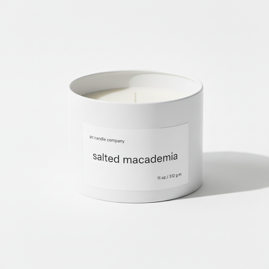 White candle tin with frameless salted macademia label