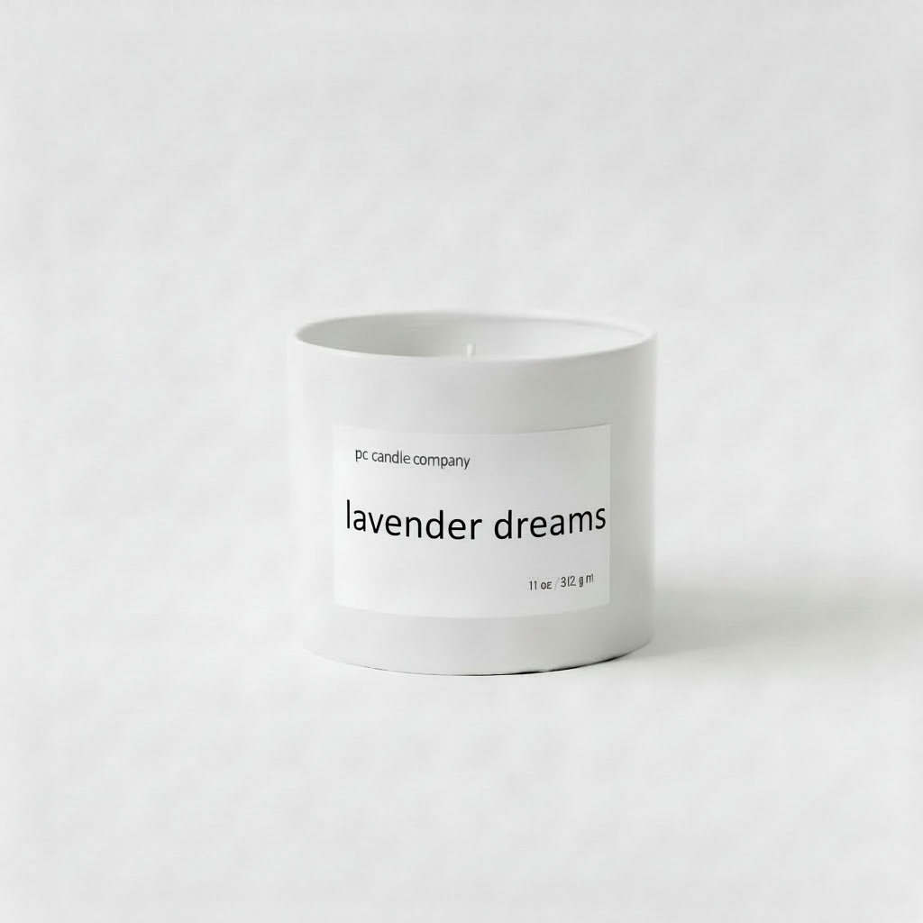 White candle tin with lavender dreams label