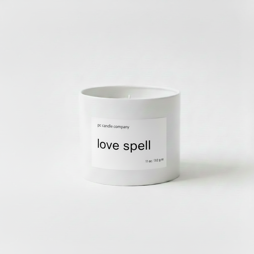 White candle tin with love spell label
