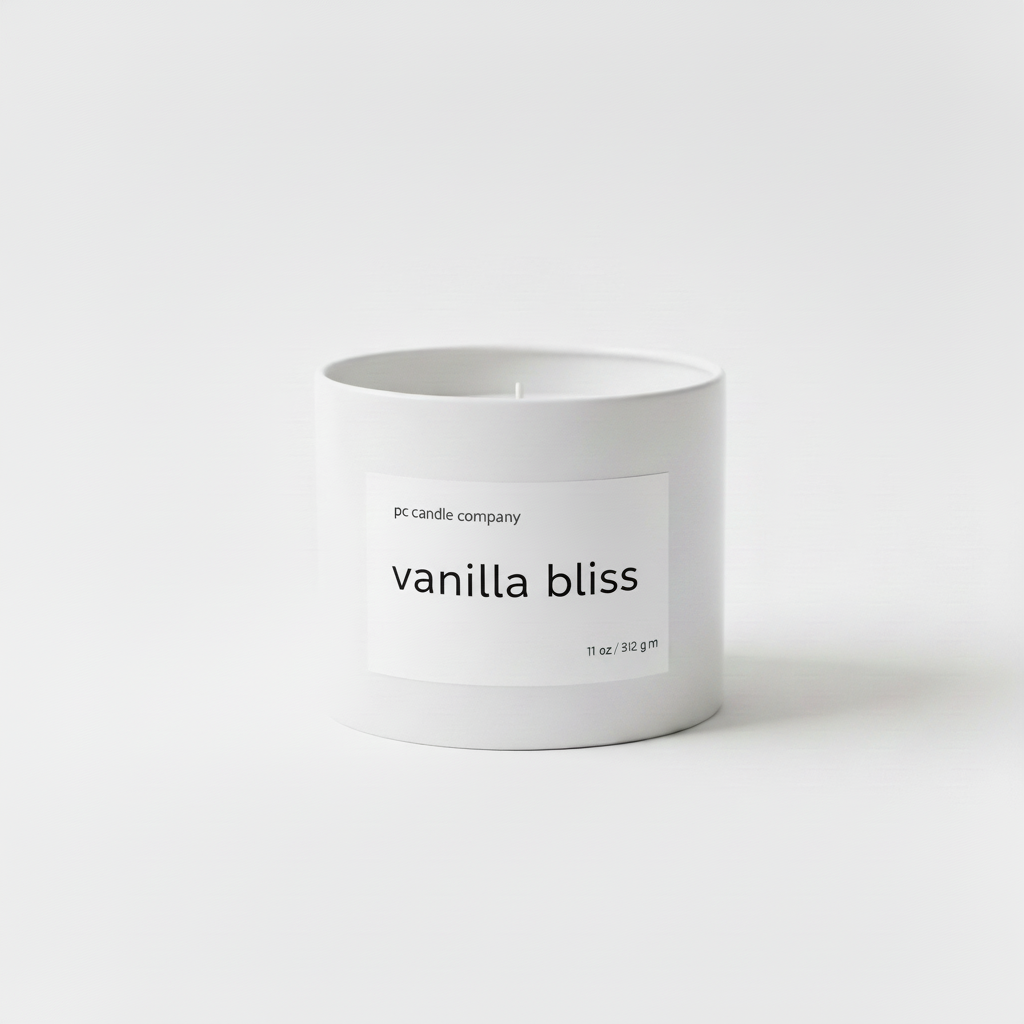 White candle tin with vanilla bliss label