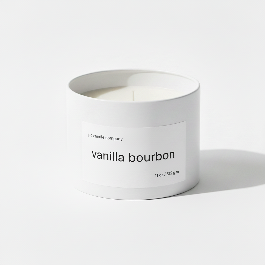 White candle tin with vanilla bourbon label